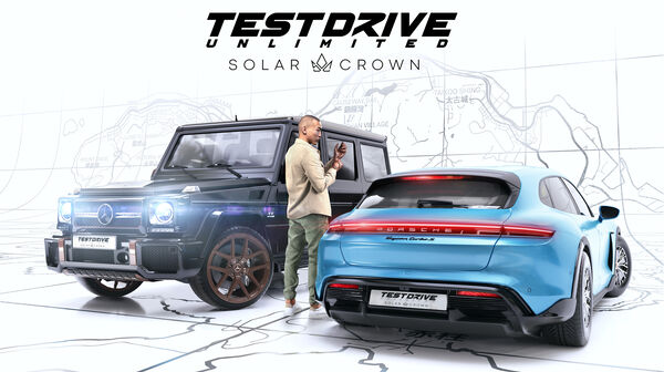 Screenshot aus dem Spiel Testdrive Unlimited: Solar Crown. Startbildschirm und Logo des Spiels.