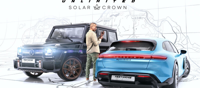 Screenshot aus dem Spiel Testdrive Unlimited: Solar Crown. Startbildschirm und Logo des Spiels.