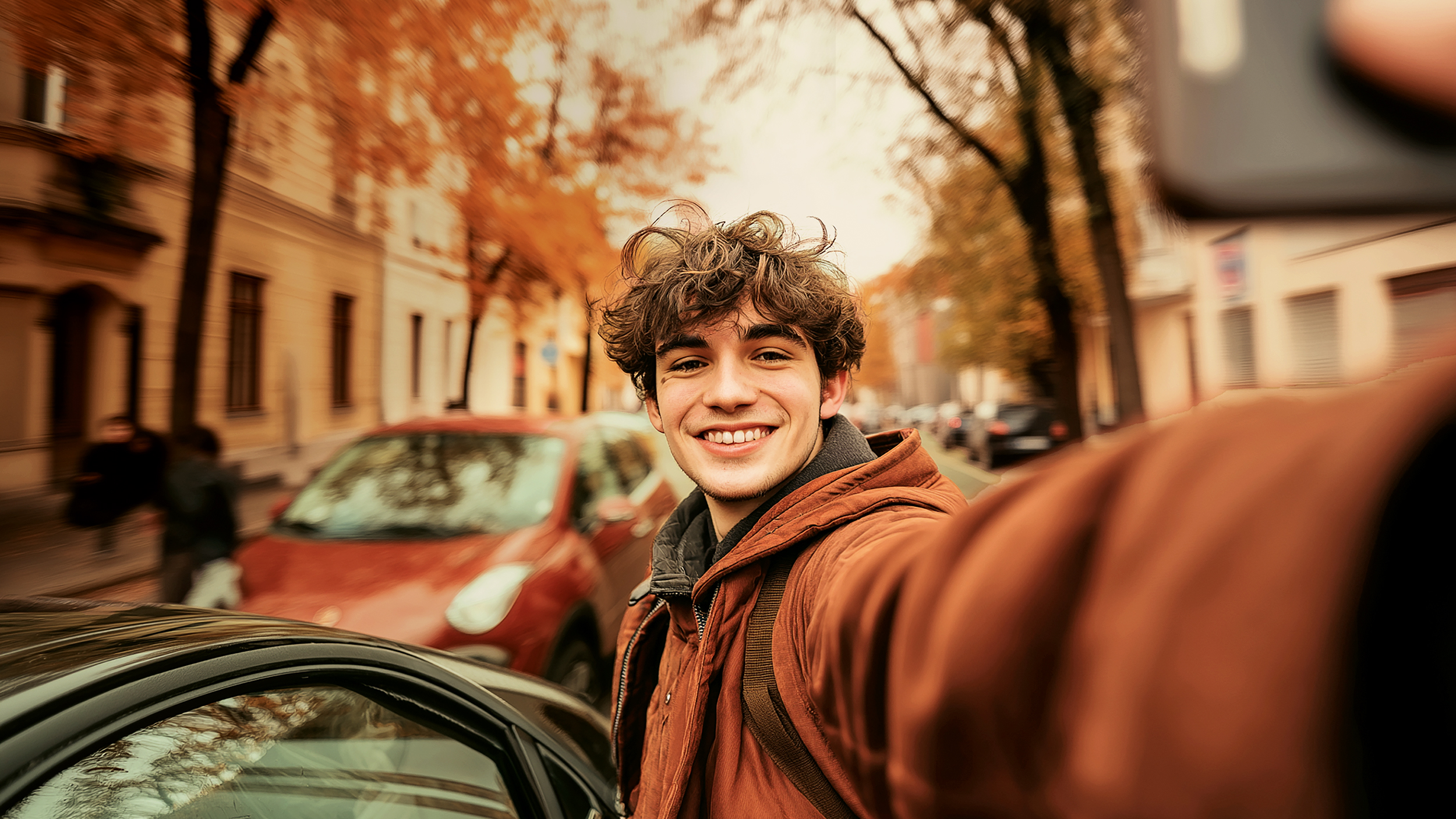 Ein junger Bursche macht auf der Fahrbahn in einer Stadt ein Selfie