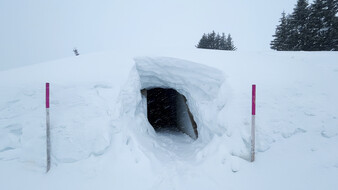 Ein verschneiter Eingang zu einer Höhle.