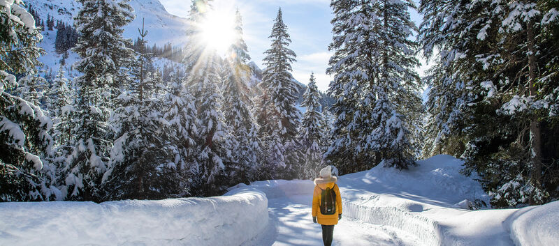 Eine Frau in einem gelben Anorak spaziert durch einen verschneiten Wald.