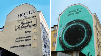 2 Bilder: Links ist eine Hauswand in Wien zu sehen, rechts dieselbe Wand, nun mit gespraytem Werbesujet.