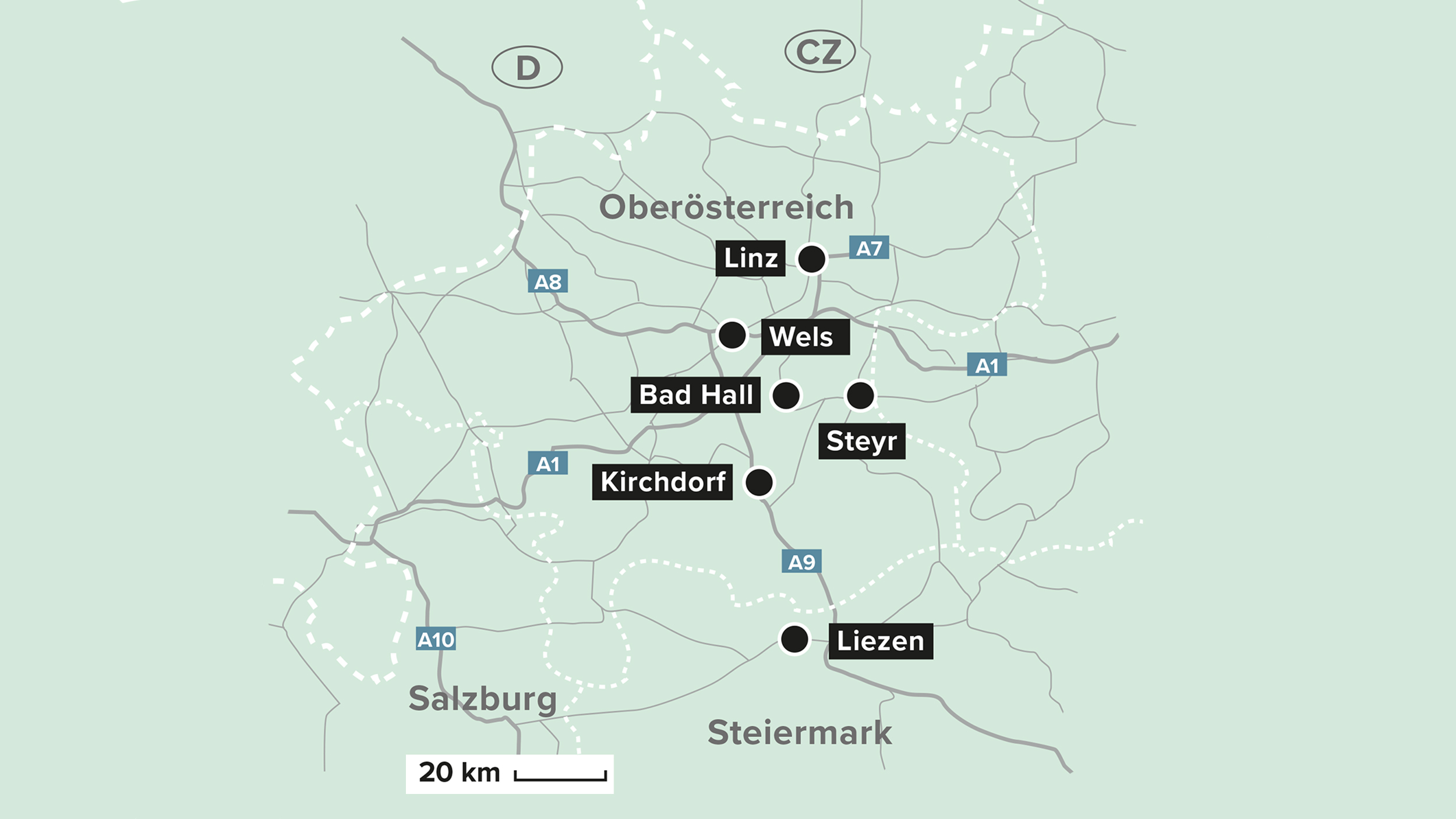 Karte von Oberösterreich mit einigen Wegpunkten, die den mobilen Alltag von Dellendrücker Andreas Winklmair zeigen soll. 