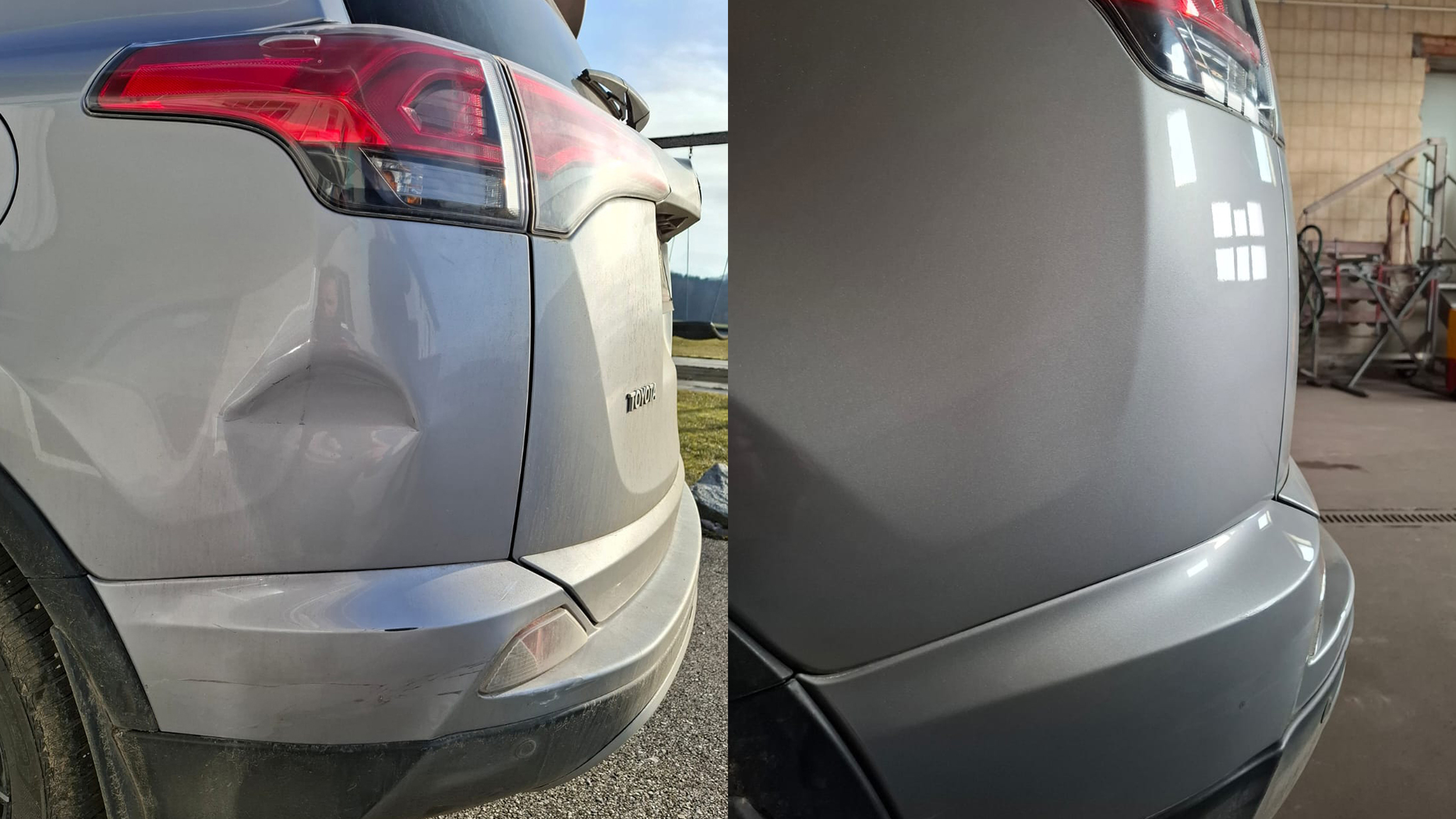 Silbernes Auto mit Delle hinten auf dem einen Bild, daneben dasselbe Auto repariert.
