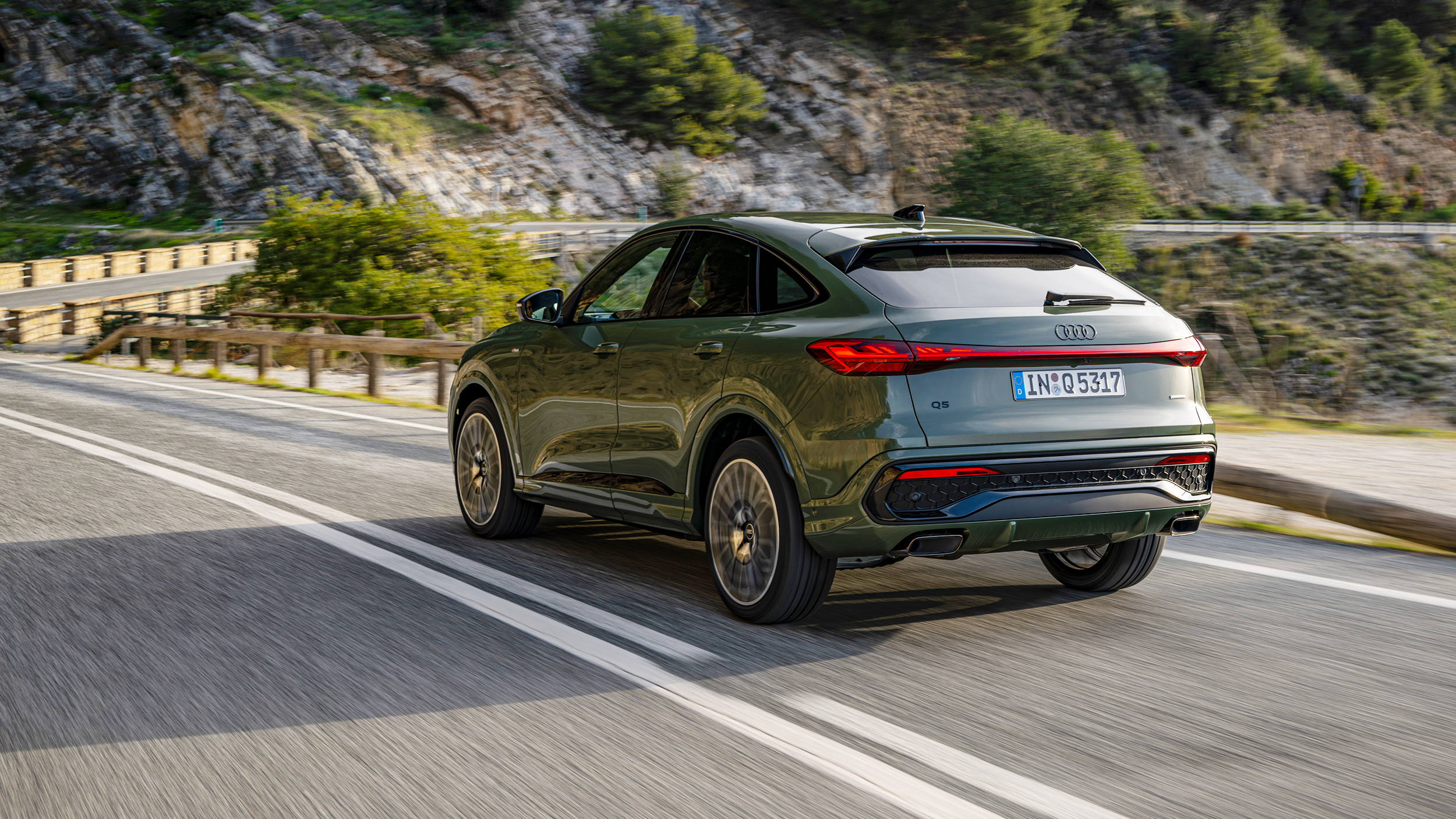 Heck eines auf der Landstraße fahrenden, grünen Audi Q5 Sportback.