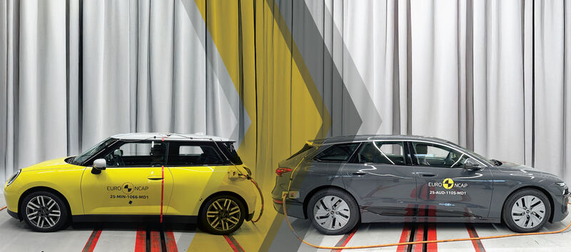 Ein gelber Mini und ein grauer Audi-Kombi stehen nebeneinander