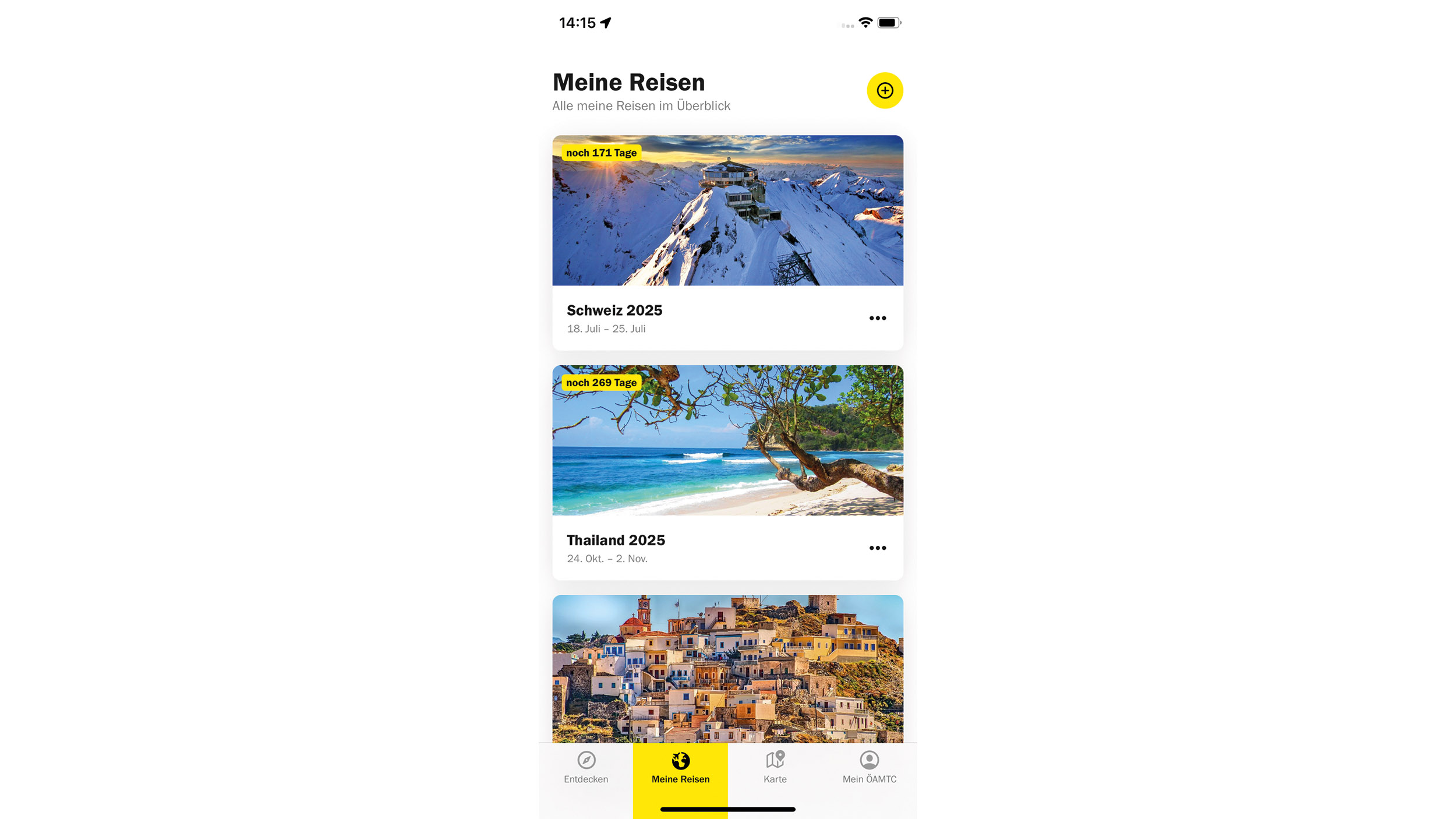Screenshot der ÖAMTC-App "Meine Reise"