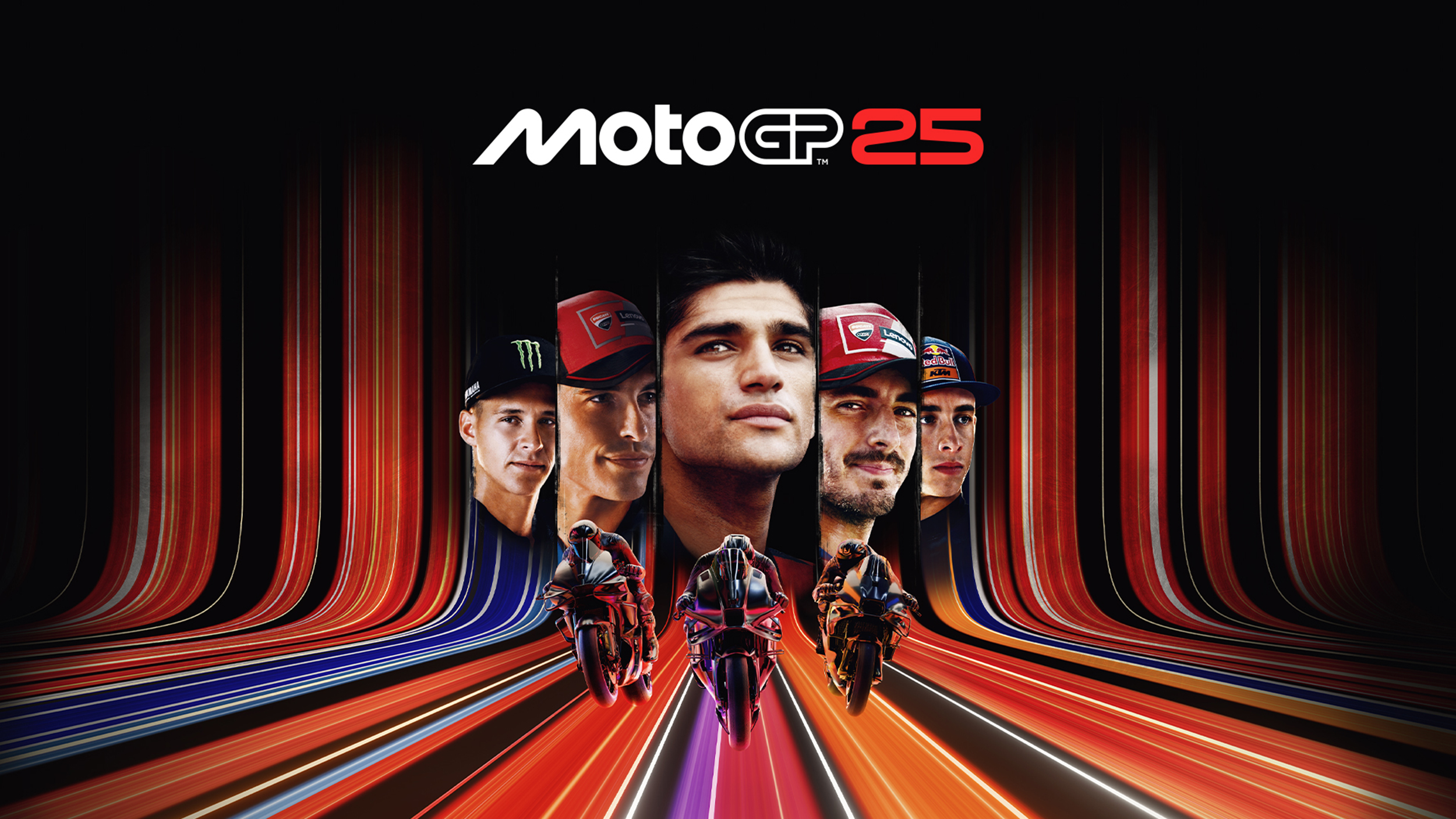 Aufmacherbild MotoGP 25. Es ist das Logo plus die Fahrer vom Spielcover zu sehen.