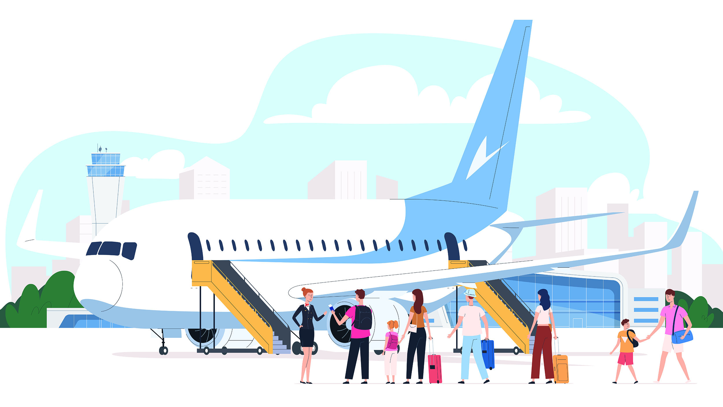 Eine Illustration mit Flugzeug und Passagieren. Die Passagiere warten draußen bevor sie einsteigen.