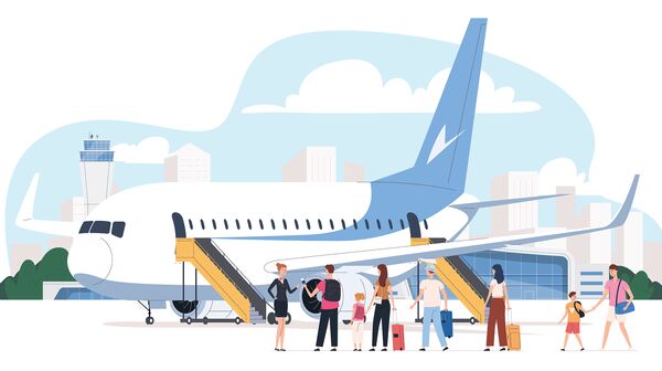 Eine Illustration mit Flugzeug und Passagieren. Die Passagiere warten draußen bevor sie einsteigen.