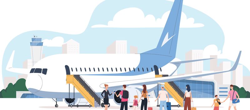 Eine Illustration mit Flugzeug und Passagieren. Die Passagiere warten draußen bevor sie einsteigen.