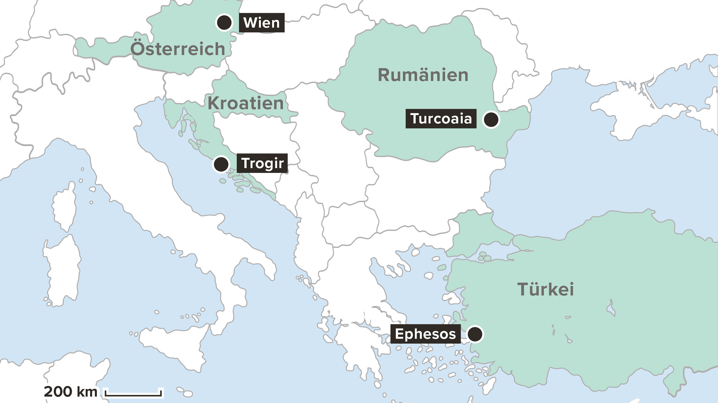 Eine Landkartenauszug von Europa. Markiert sind Punkte in Österreich, Kroatien/Trogir, Rumänien/Turcoaia und Türkei/Ephesos an denen Simon Hye gearbeitet hat.