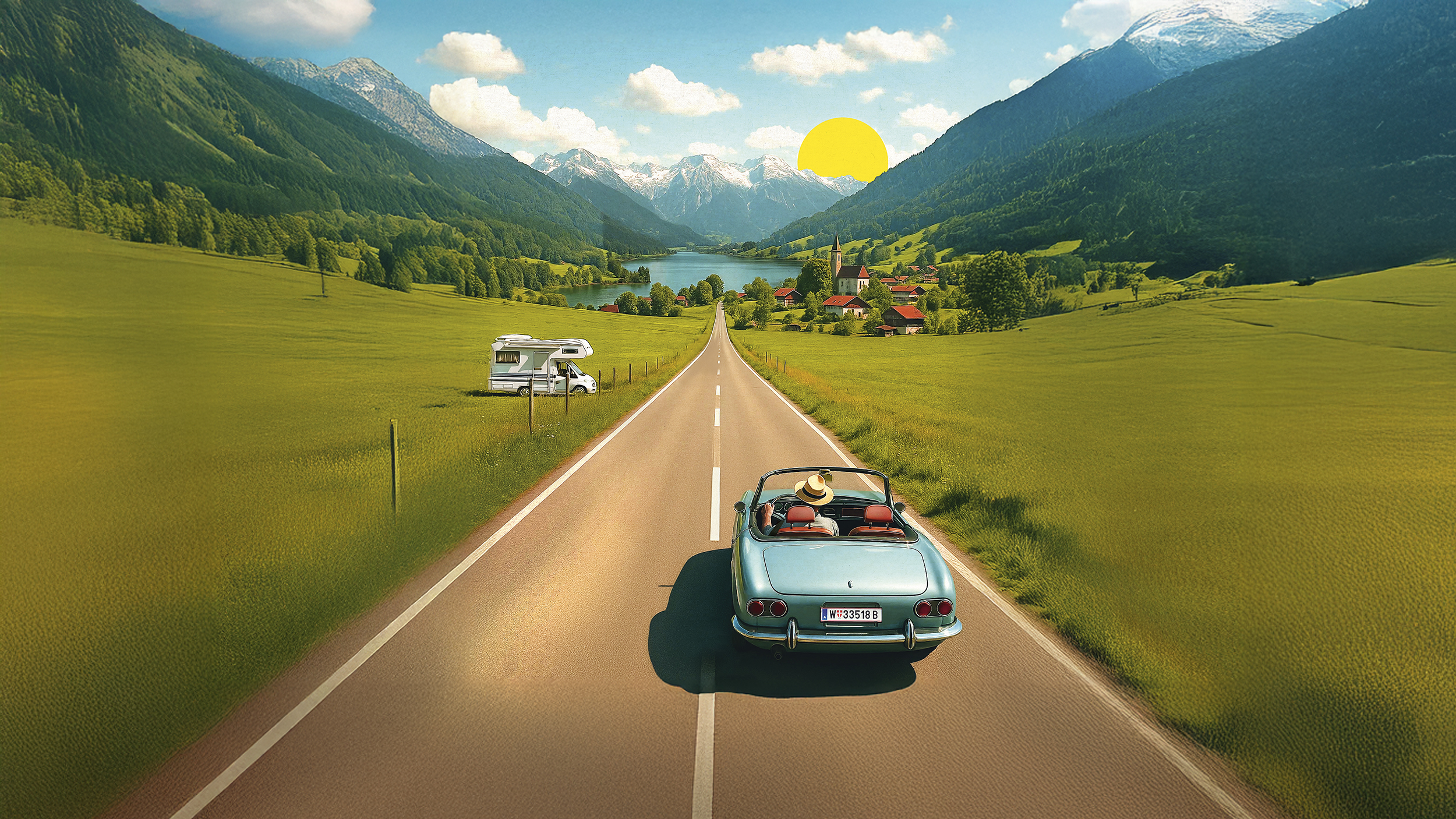 Ein Cabrio fährt auf einer Traumstraße in die Richtung von einem See und den Bergen.