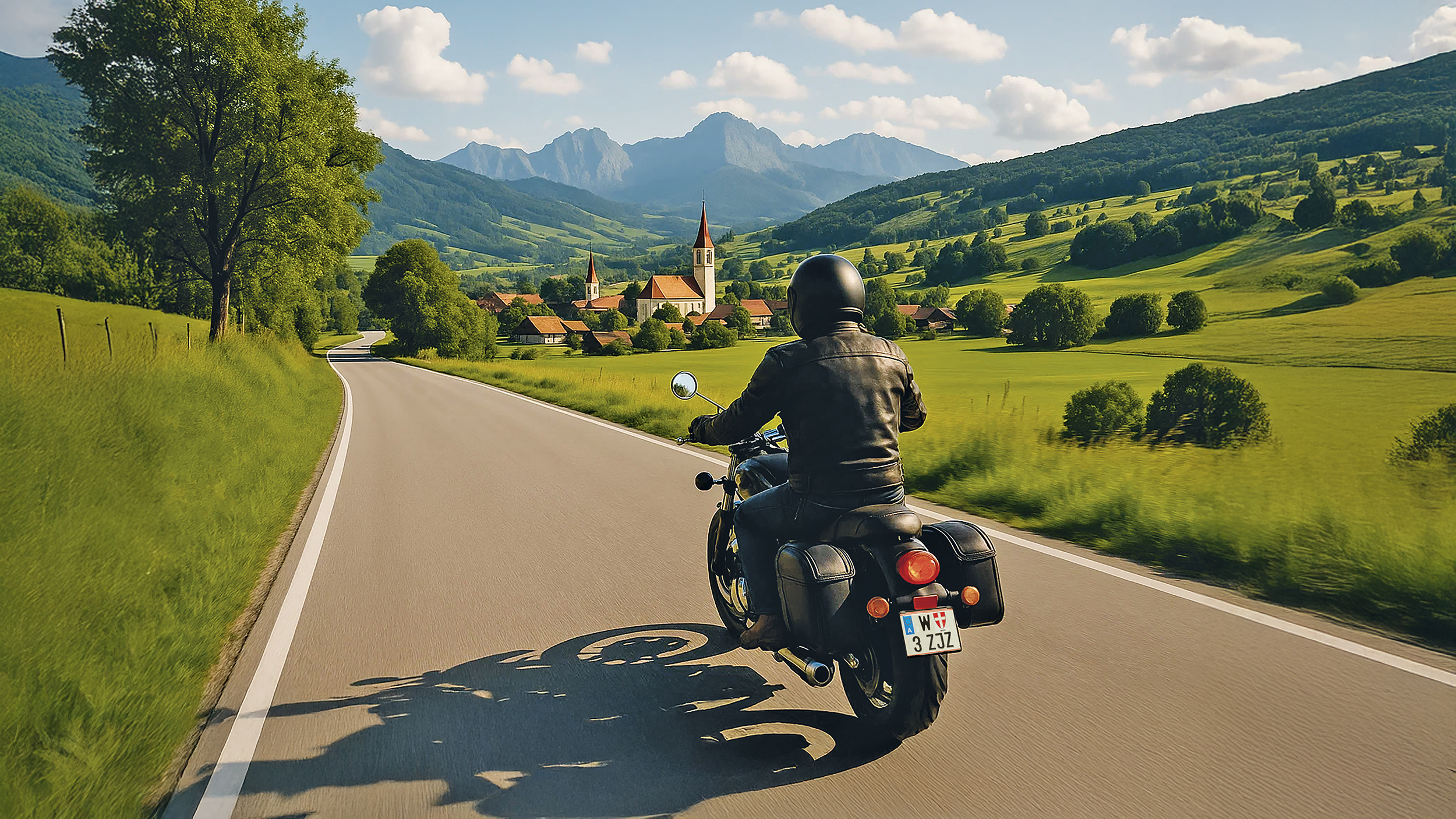 Ein Motorrad fährt auf einer idyllischen Landstraße.