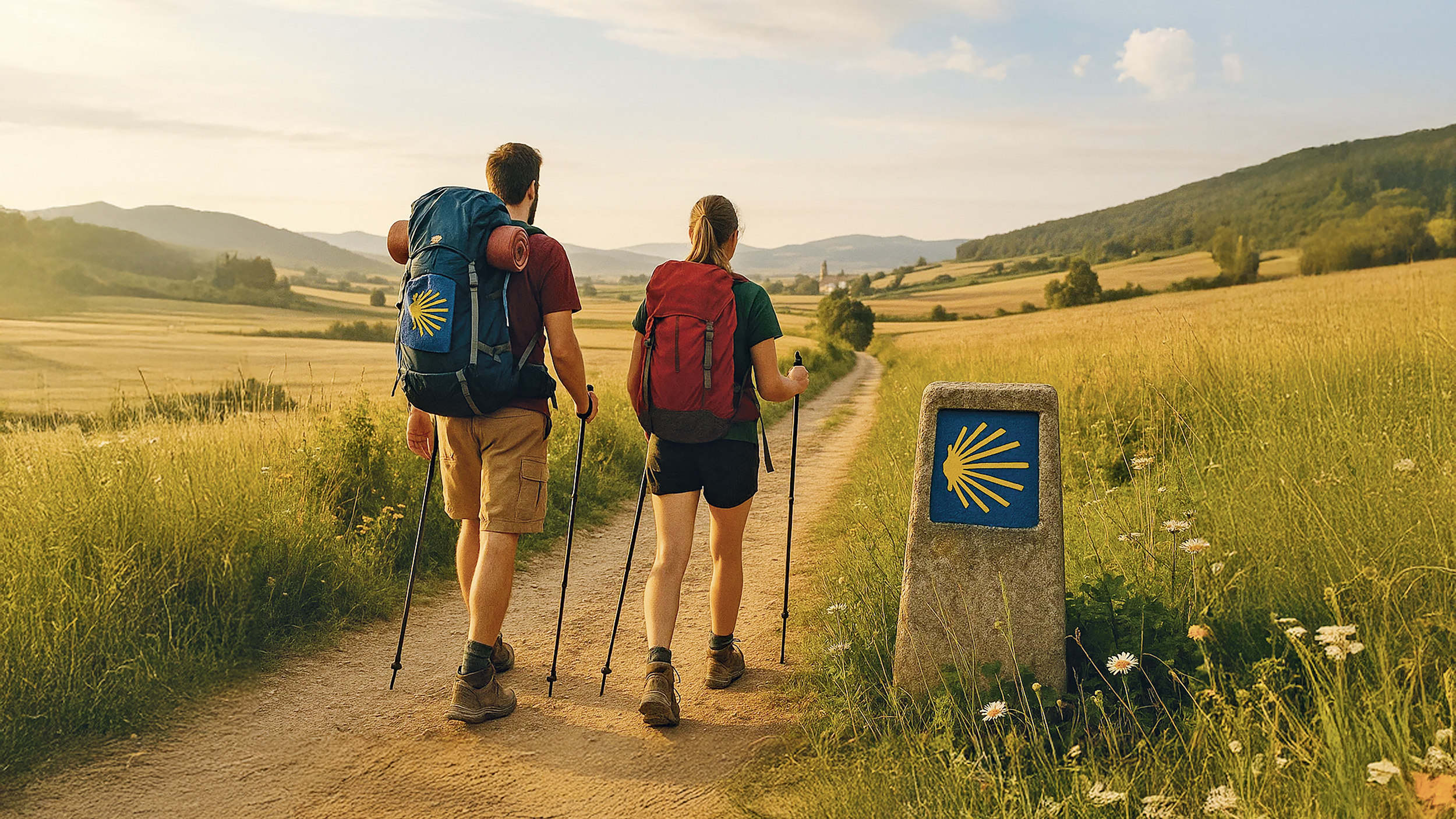 Zwei Pilger gehen am Jakobsweg.