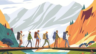 Auf der Illustration sind insgesamt sechs Personen zu sehen, die jeweils Wanderstöcke und Rucksäcke tragen und hintereinander über eine Brücke in den Bergen gehen.