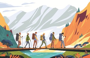 Illustration Wandern Auf der Illustration sind insgesamt sechs Personen zu sehen, die jeweils Wanderstöcke und Rucksäcke tragen und hintereinander über eine Brücke in den Bergen gehen.