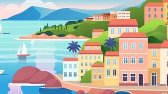 Auf der Illustration ist auf der linken Seite das Meer zu sehen. Es ragt auch eine Palme ins Bild und mehrere Boote sind zu erkennen. Auf der rechten Seite ist eine Stadt illustriert und es sind viele Häuser zu sehen.