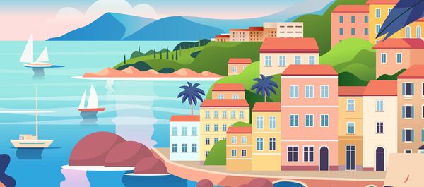 Auf der Illustration ist auf der linken Seite das Meer zu sehen. Es ragt auch eine Palme ins Bild und mehrere Boote sind zu erkennen. Auf der rechten Seite ist eine Stadt illustriert und es sind viele Häuser zu sehen.