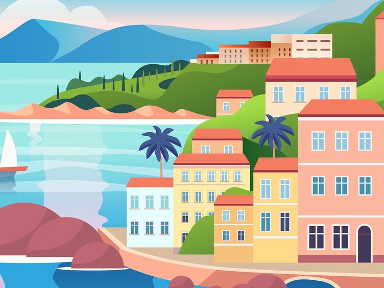 Illustration Meer und Stadt Auf der Illustration ist auf der linken Seite das Meer zu sehen. Es ragt auch eine Palme ins Bild und mehrere Boote sind zu erkennen. Auf der rechten Seite ist eine Stadt illustriert und es sind viele Häuser zu sehen.