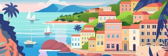 Auf der Illustration ist auf der linken Seite das Meer zu sehen. Es ragt auch eine Palme ins Bild und mehrere Boote sind zu erkennen. Auf der rechten Seite ist eine Stadt illustriert und es sind viele Häuser zu sehen.