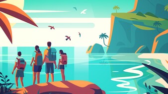 Auf der Illustration sind vier Personen, zwei Erwachsene und zwei Kinder, von hinten zu sehen, wie sie auf das Meer blicken. Auf der rechten Seite kann man den Strand und Felsen erkennen. Auf der linken Seite steht eine Palme.