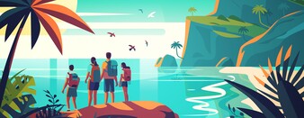 Illustration Familie und Meer Auf der Illustration sind vier Personen, zwei Erwachsene und zwei Kinder, von hinten zu sehen, wie sie auf das Meer blicken. Auf der rechten Seite kann man den Strand und Felsen erkennen. Auf der linken Seite steht eine Palme.