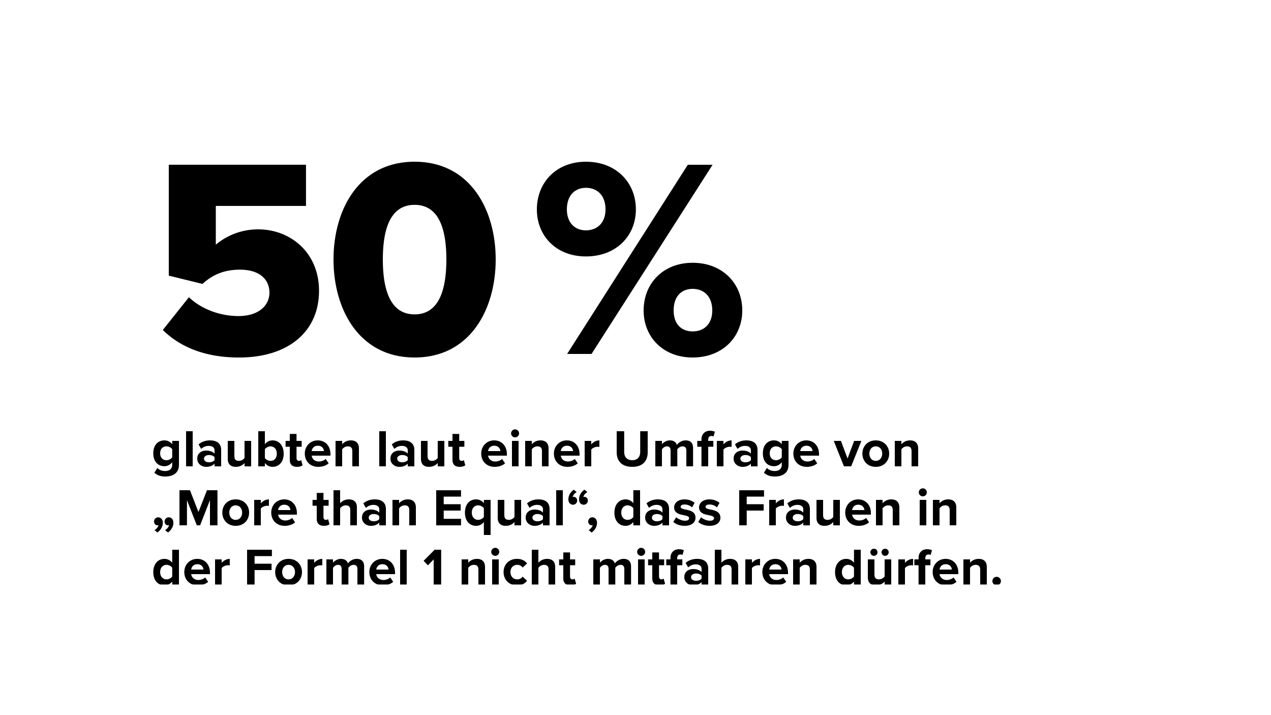Text: 50 % glaubten laut einer Umfrage von „More than Equal“, dass Frauen in der Formel 1 nicht mitfahren dürfen.