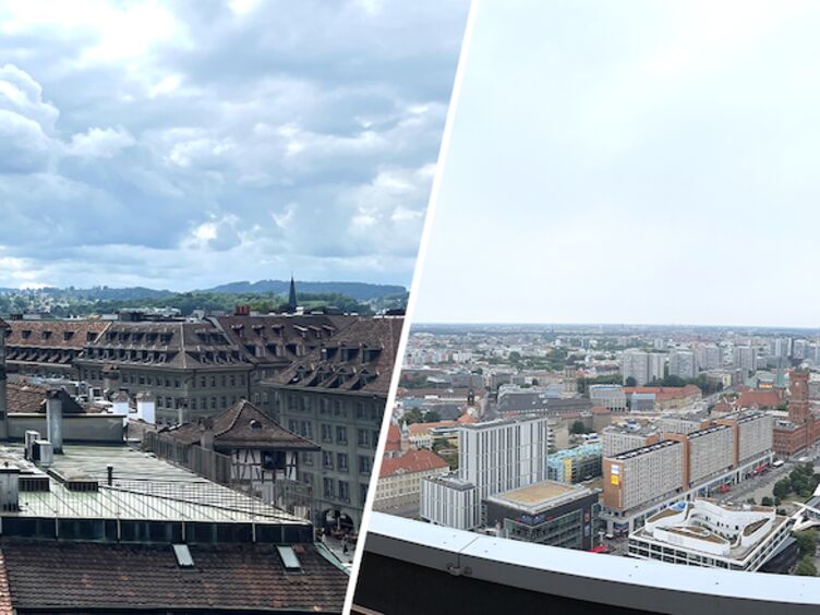 Collage aus zwei Bildern, in denen man über die Dächer von Berlin und Bern sieht.