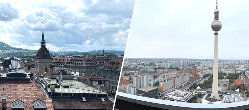 Collage aus zwei Bildern, in denen man über die Dächer von Berlin und Bern sieht.