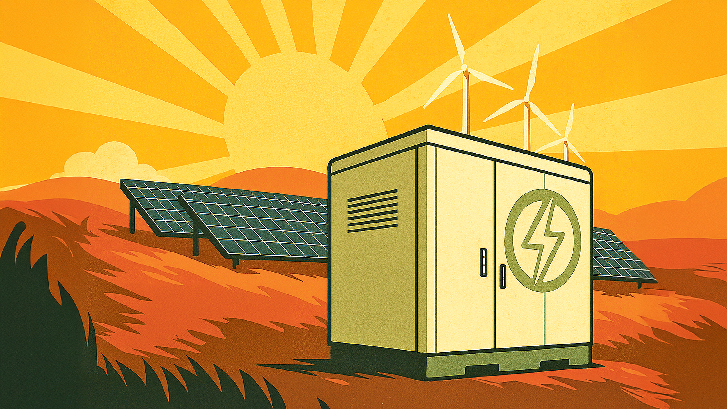 Illustration eines Stromkasten vor einer Solaranlage.