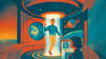Illustration einer Person, die sich beamt. Eine andere Person steht davor und sieht zu.