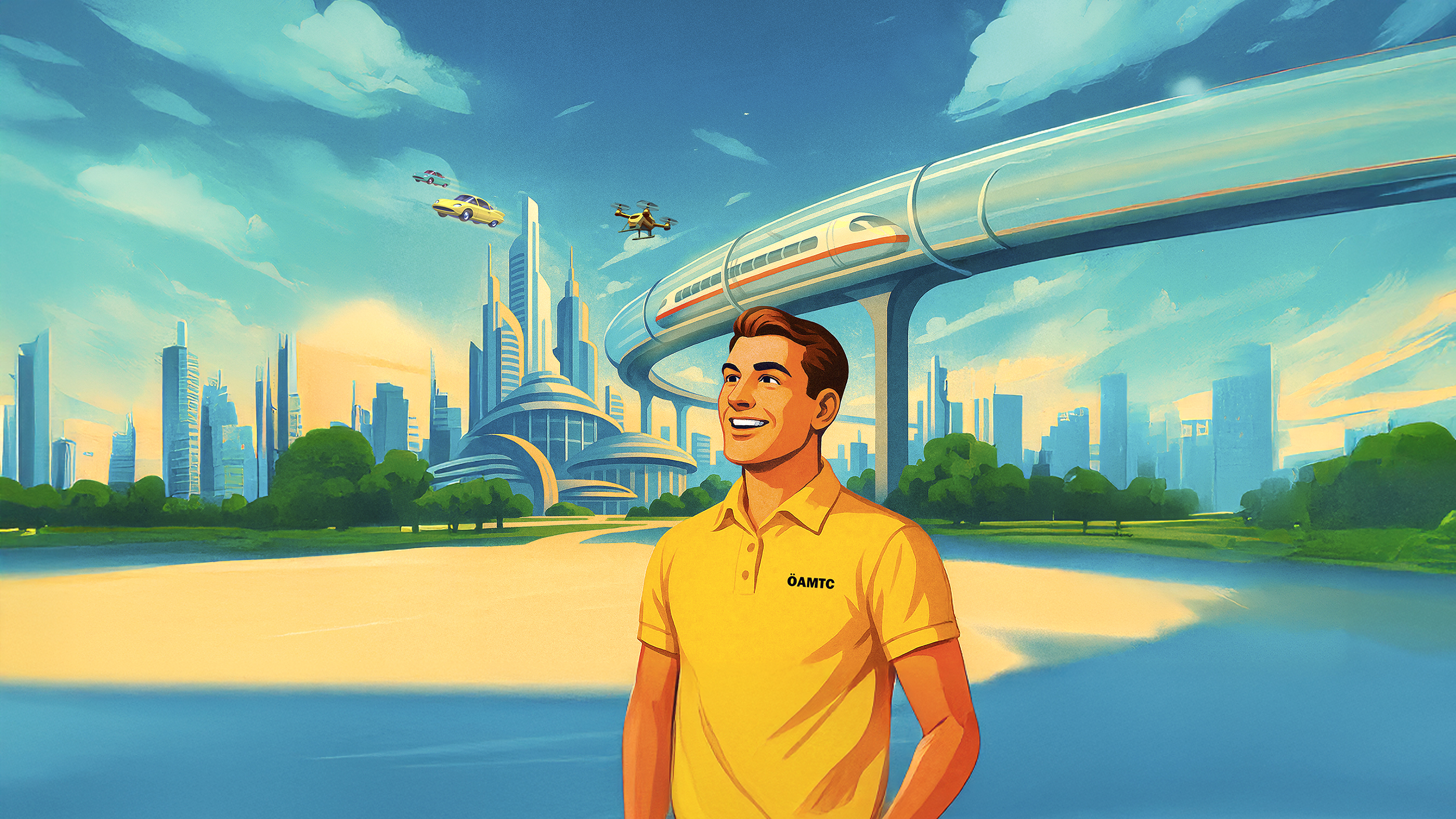 Illustration einer Person mit gelbem ÖAMTC-Poloshirt, die vor einer futuristischen Stadt steht.