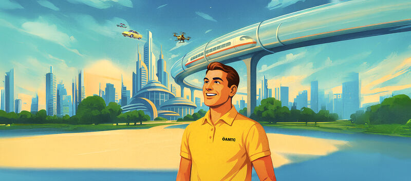 Illustration einer Person mit gelbem ÖAMTC-Poloshirt, die vor einer futuristischen Stadt steht.