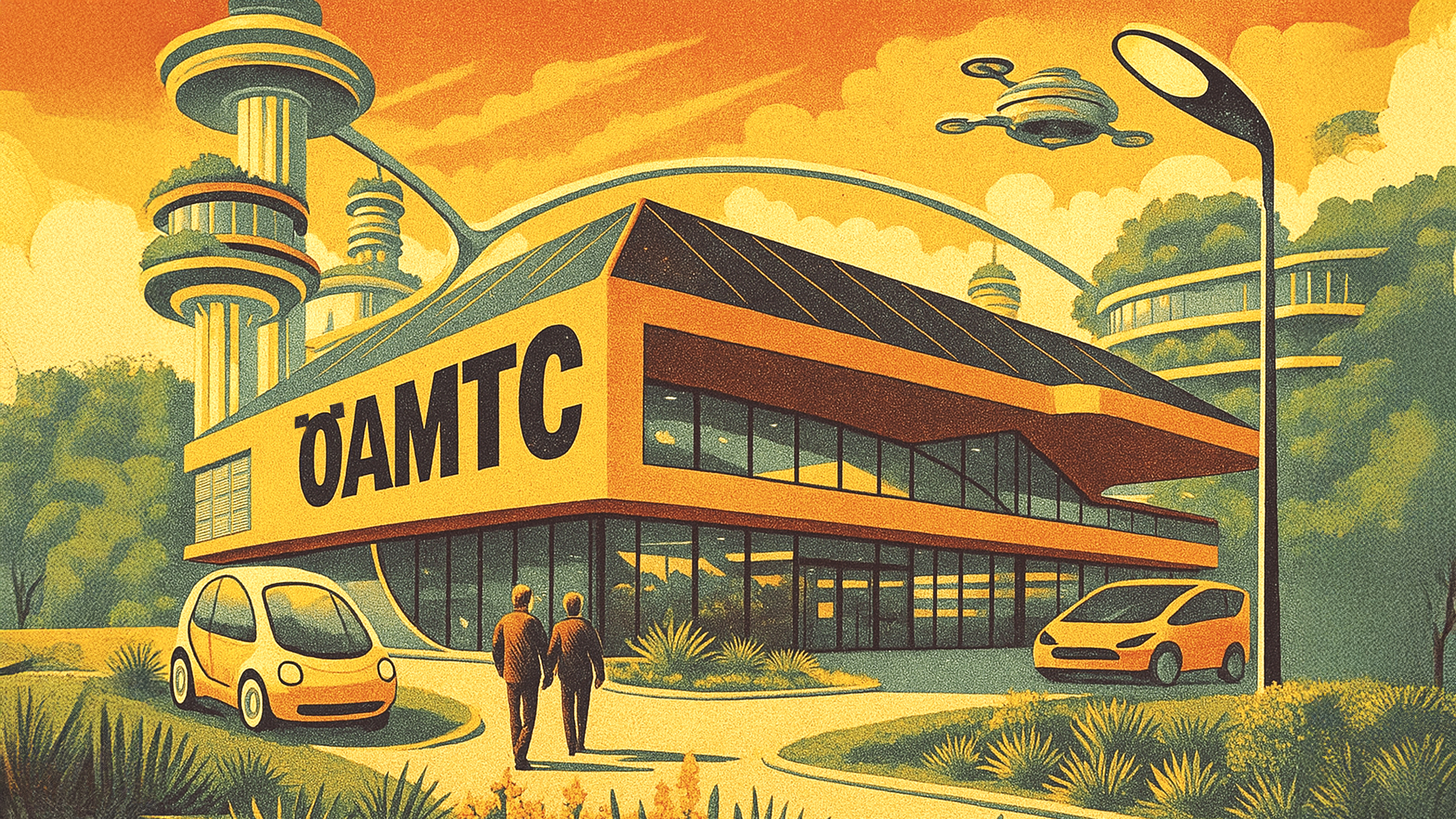 Illustration eines futuristischen ÖAMTC Stützpunktes.
