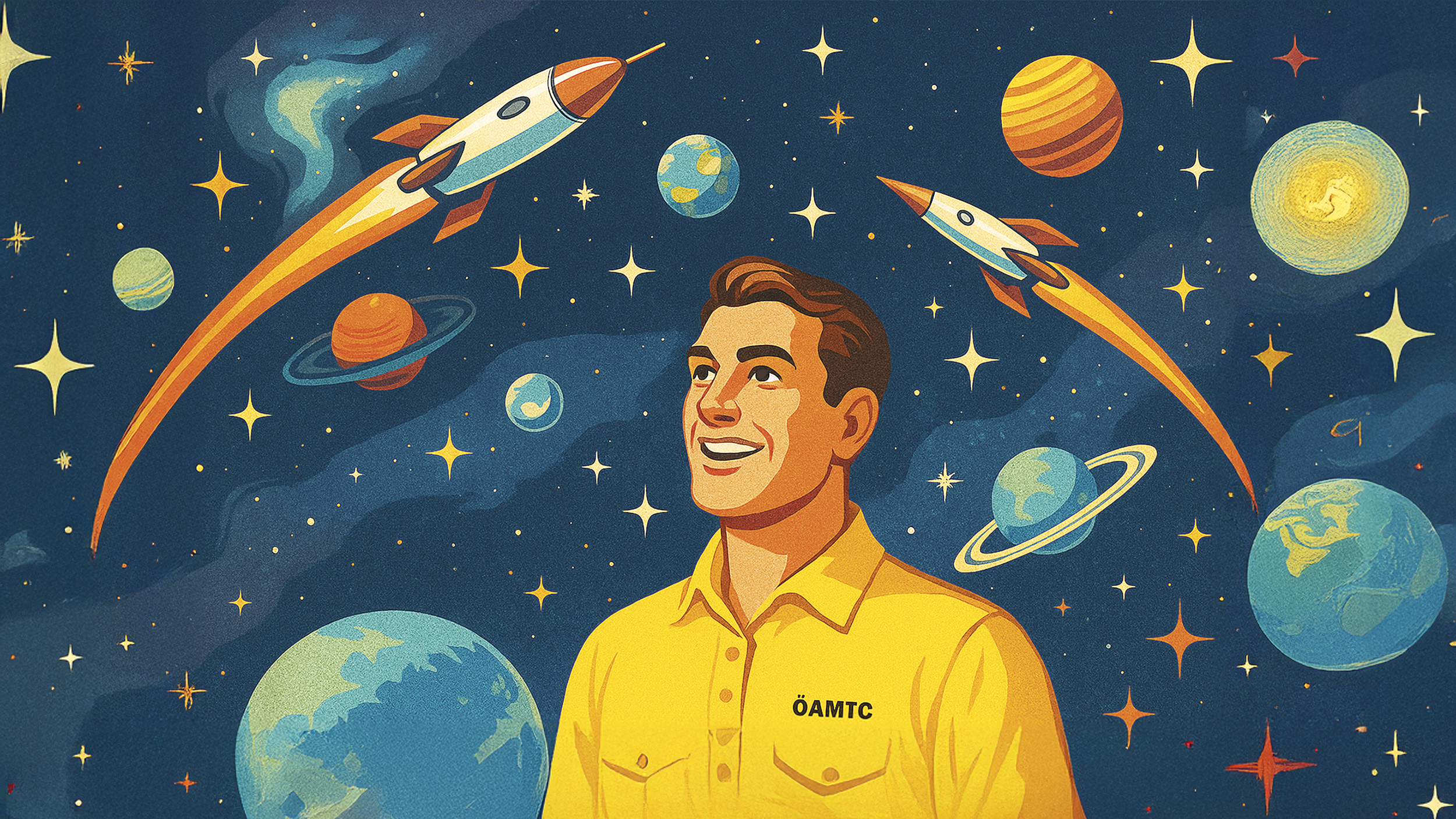 Illustration einer Person mit gelbem ÖAMTC-Poloshirt, die auf den Nachthimmel voller Raketen, Raumschiffe und Sterne blickt.