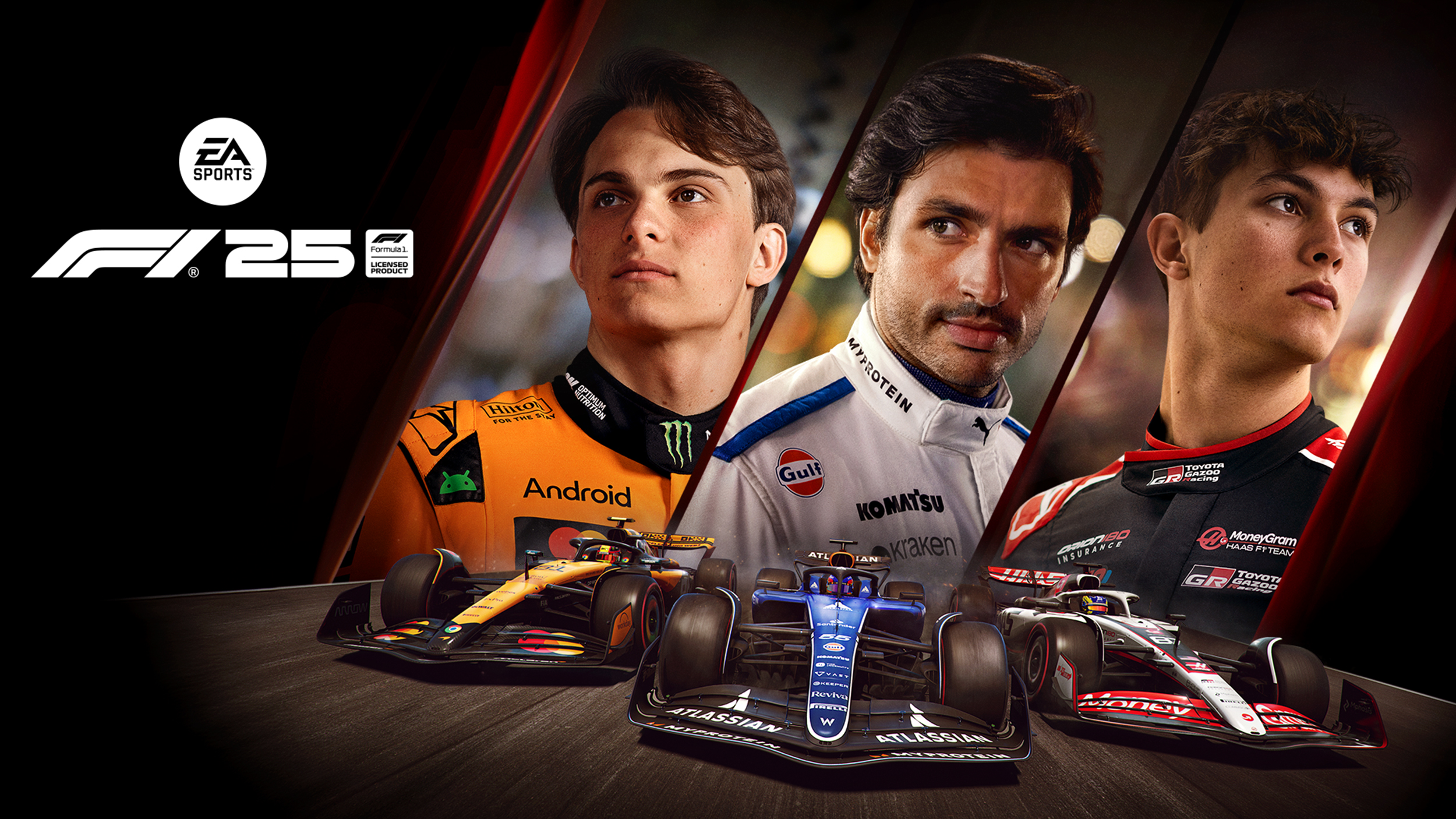 Titelbild F1 25, man sieht die Fahrer Oscar Piastri, Carlos Sainz und Oliver Bearman.