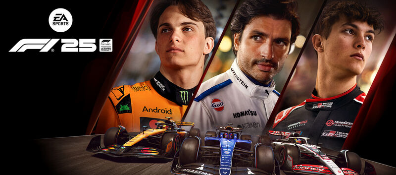 Titelbild F1 25, man sieht die Fahrer Oscar Piastri, Carlos Sainz und Oliver Bearman.