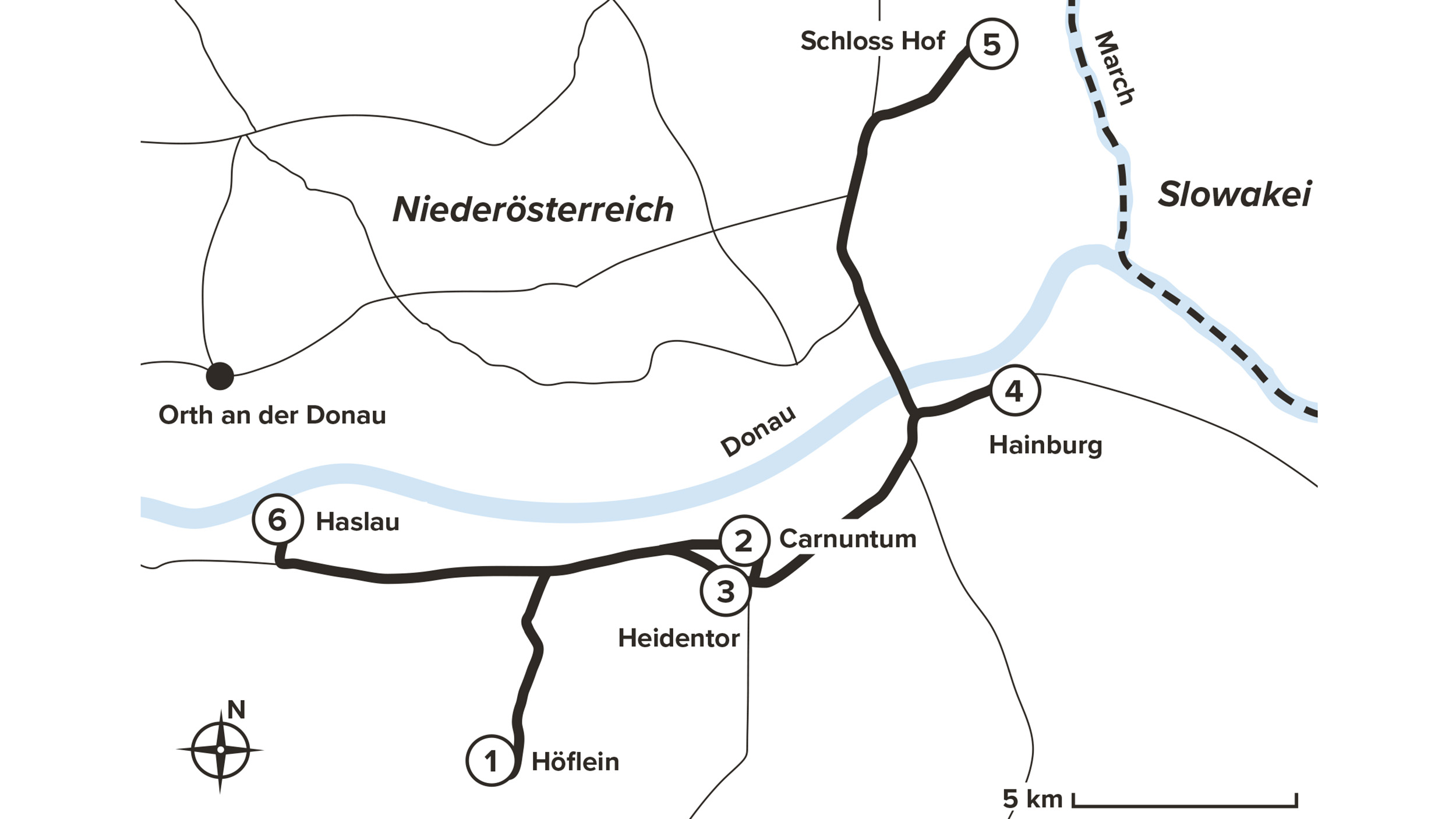 Karte der Route von Höflein nach Haslau.