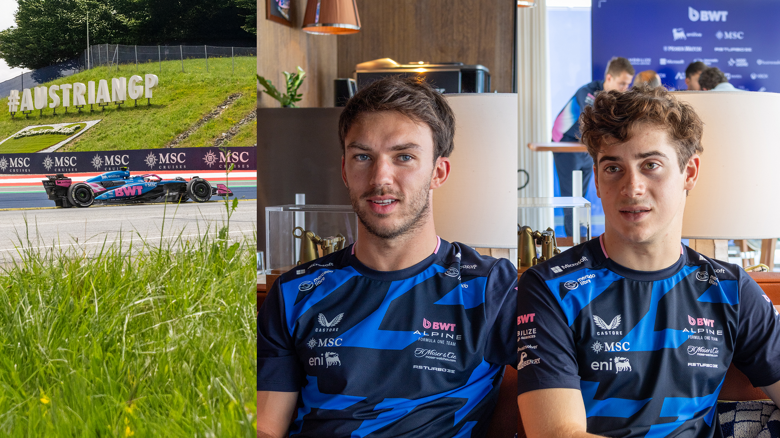 Montage aus drei Bildern mit einem Formel-1-Auto und den zwei Formel-1-Fahrern Pierre Gasly und Franco Colapinto. 