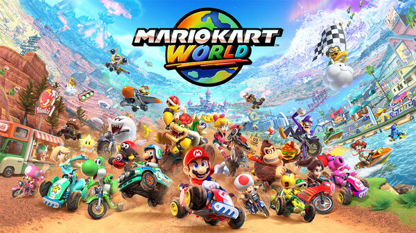 Titelbild von Mario Kart World. Man sieht den Schriftzug und unterschiedliche Fahrer.