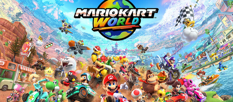 Titelbild von Mario Kart World. Man sieht den Schriftzug und unterschiedliche Fahrer.