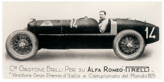 Zu Deutsch: Graf Gastone Brilli-Peri im Alfa Romeo Pirelli Sieger des Großen Preises von Italien und der Weltmeisterschaft 1925 Historisches Bild eines alten Alfa Romeo-Rennwagens.