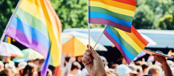 Auf dem Foto sind viele Regenbogenfahnen abgebildet. Im Vordergrund sieht man nur eine Hand, die ein Regenbogenarmband trägt und zwei kleine Regenbogenfahnen in die Luft hält.
