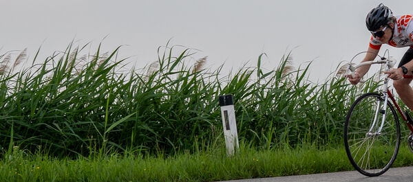 Auf dem Bild sieht man einen Radfahrer vor einem grünen Feld auf einem alten Rennrad.