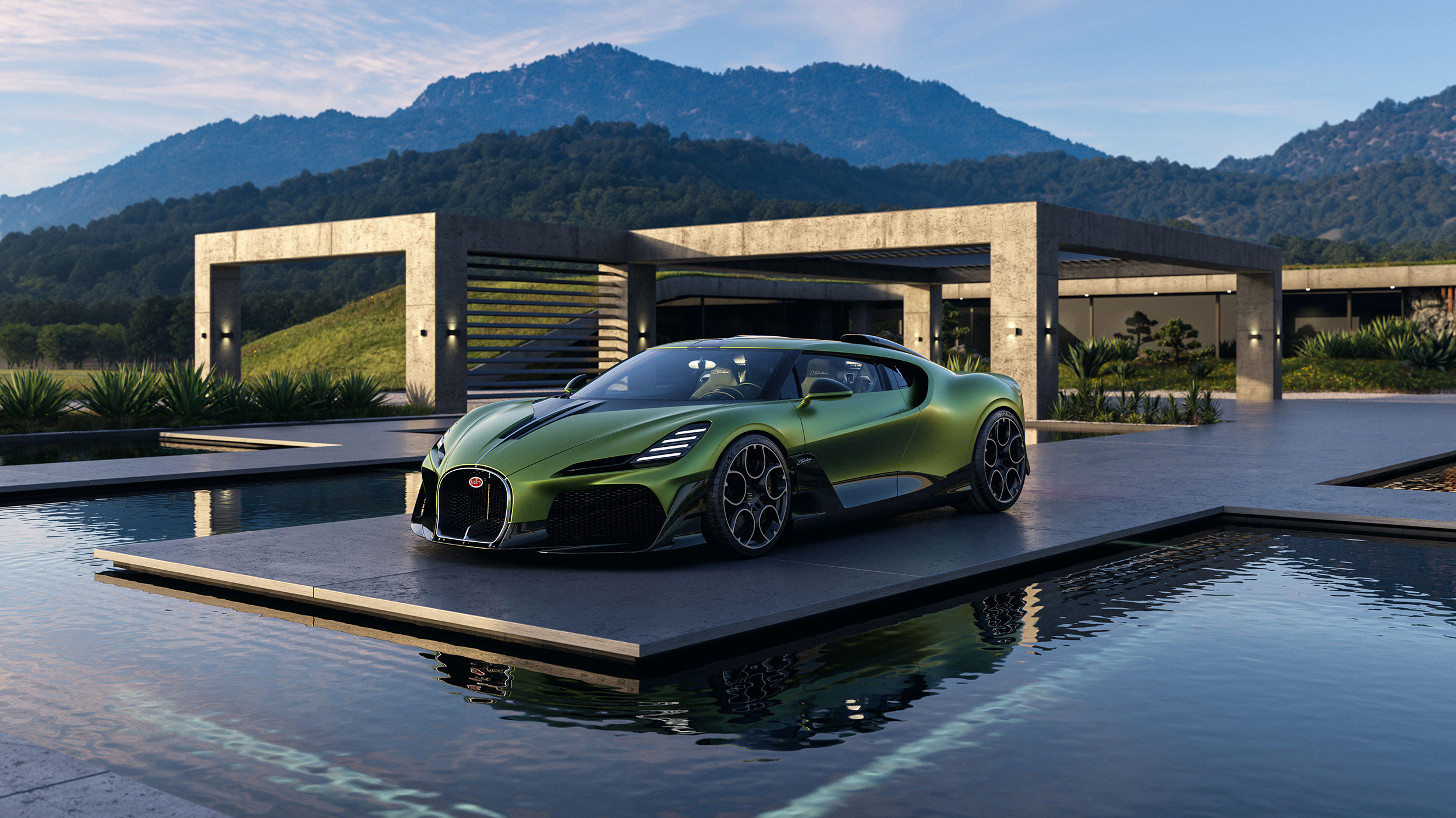 Ein grüner Bugatti steht an einem Pool