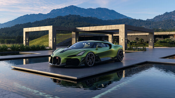 Ein grüner Bugatti steht an einem Pool