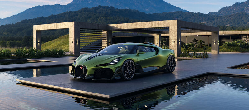 Ein grüner Bugatti steht an einem Pool