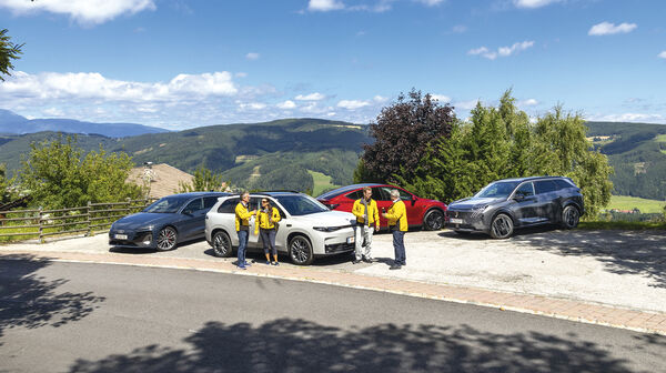 vier elektroautos stehend auf parkplatz dazwischen vier personen