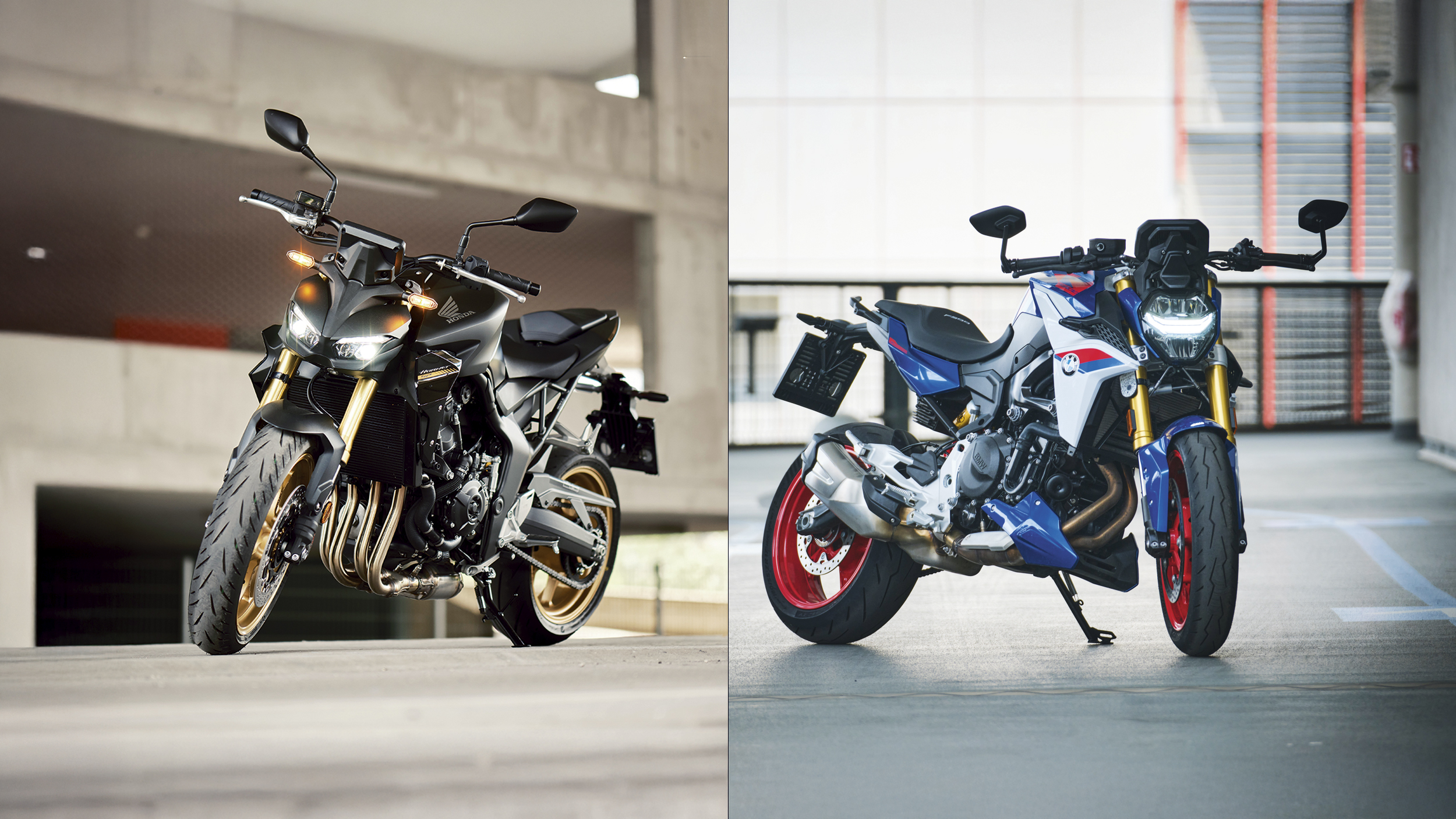 Eine Montage aus zwei Bildern von Motorrädern